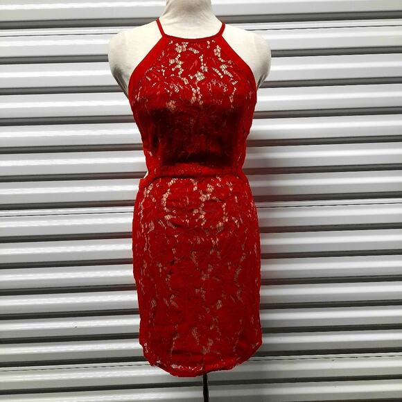 The Room Halter Mini Dress Sz Medium Red Lace Sheer Overlay Sexy Cocktail Party - Picture 1 of 10